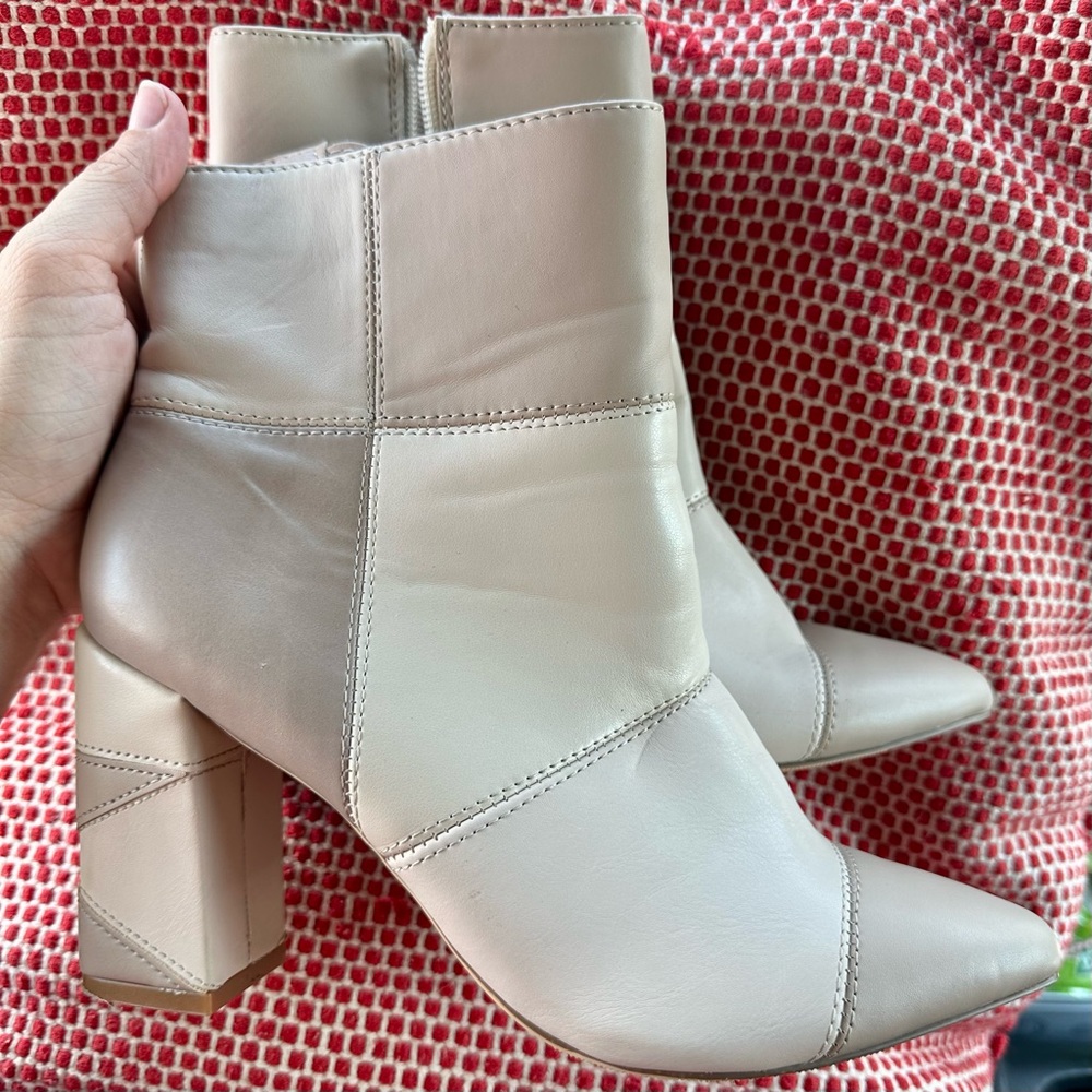 Madden girl cream and tan patchwork block heel booties - Size 7
